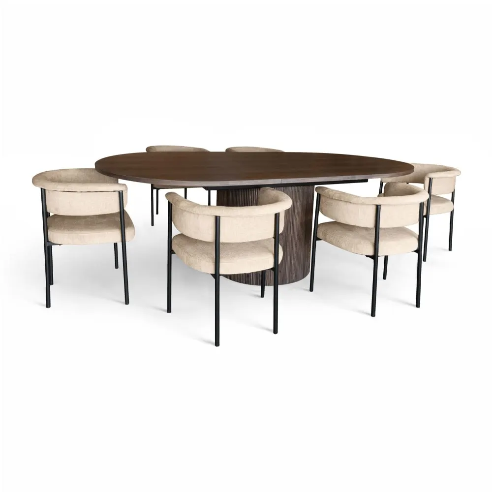 Ensemble table extensible ovale et 6 fauteuils en tissu beige