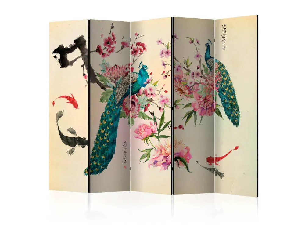 Paravent Paon et fleurs 5 volets - Artgeist