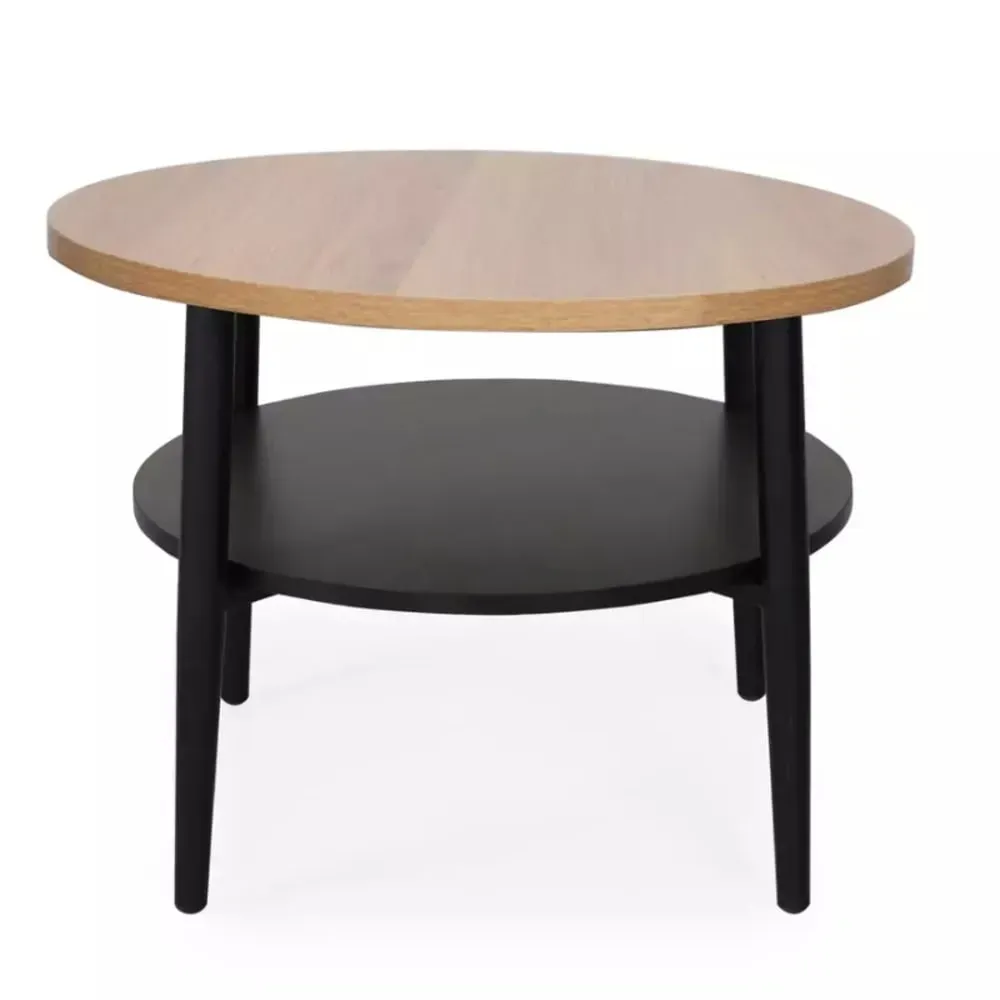 Table basse ronde en chêne clair et noir avec étagère 60x60x45cm