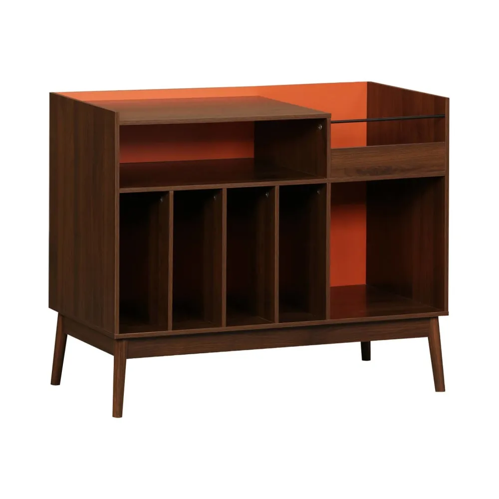 Meuble vinyle vintage bicolore décor bois et orange 100cm