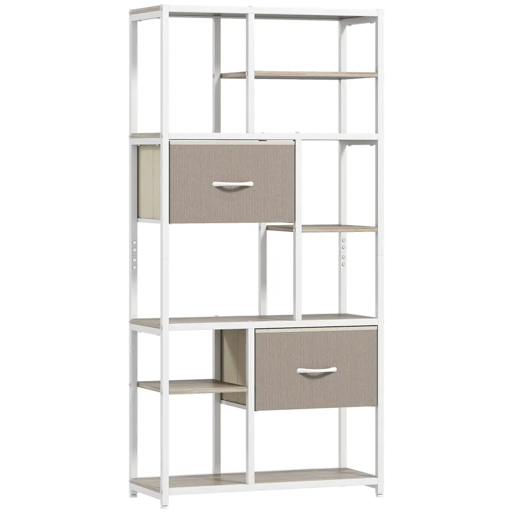 Étagère de rangement 6 niveaux 2 tiroirs en tissu cadre en acier blanc