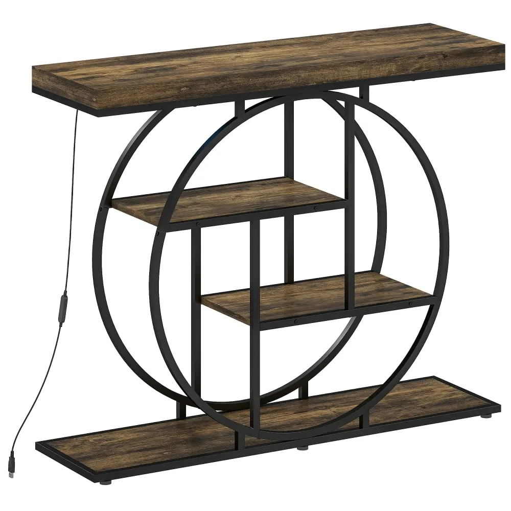Console meuble 4 niveaux éclairage led cadre rond en acier marron