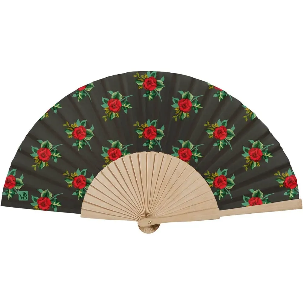 Eventail bois de bouleau motif graphique fleuri noir