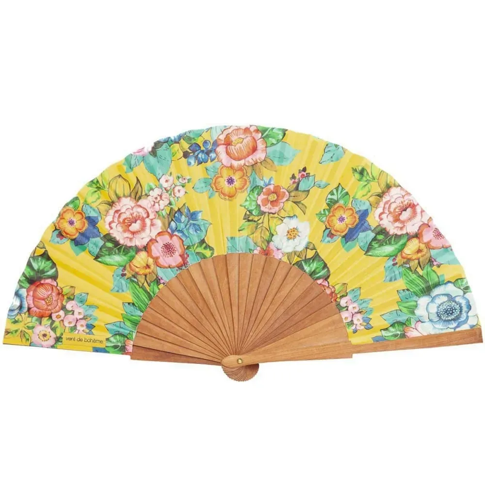 Eventail bois de merisier motif fleuri jaune