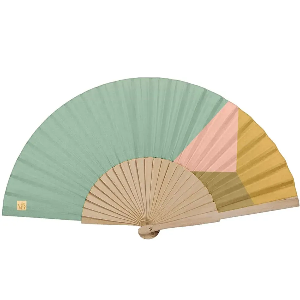 Eventail bois de bouleau motif graphique celadon
