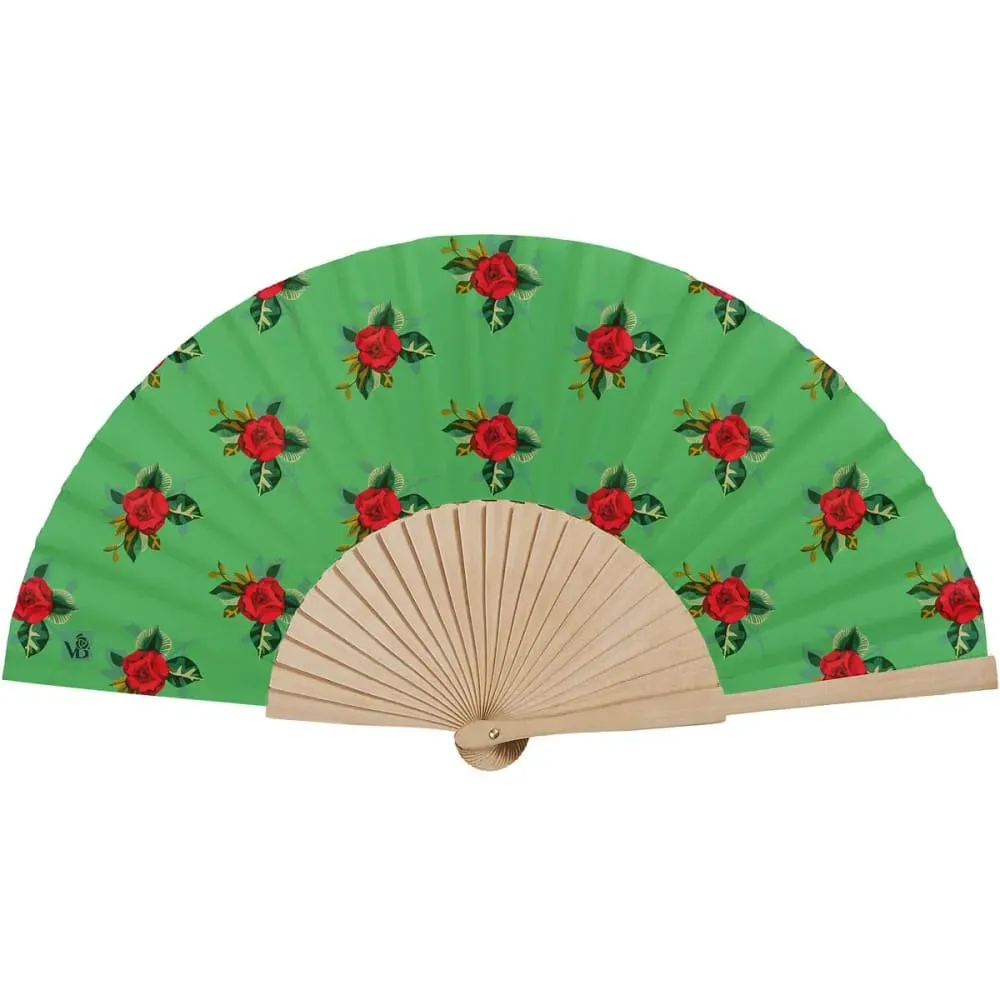 Eventail bois de bouleau motif graphique fleuri Vert