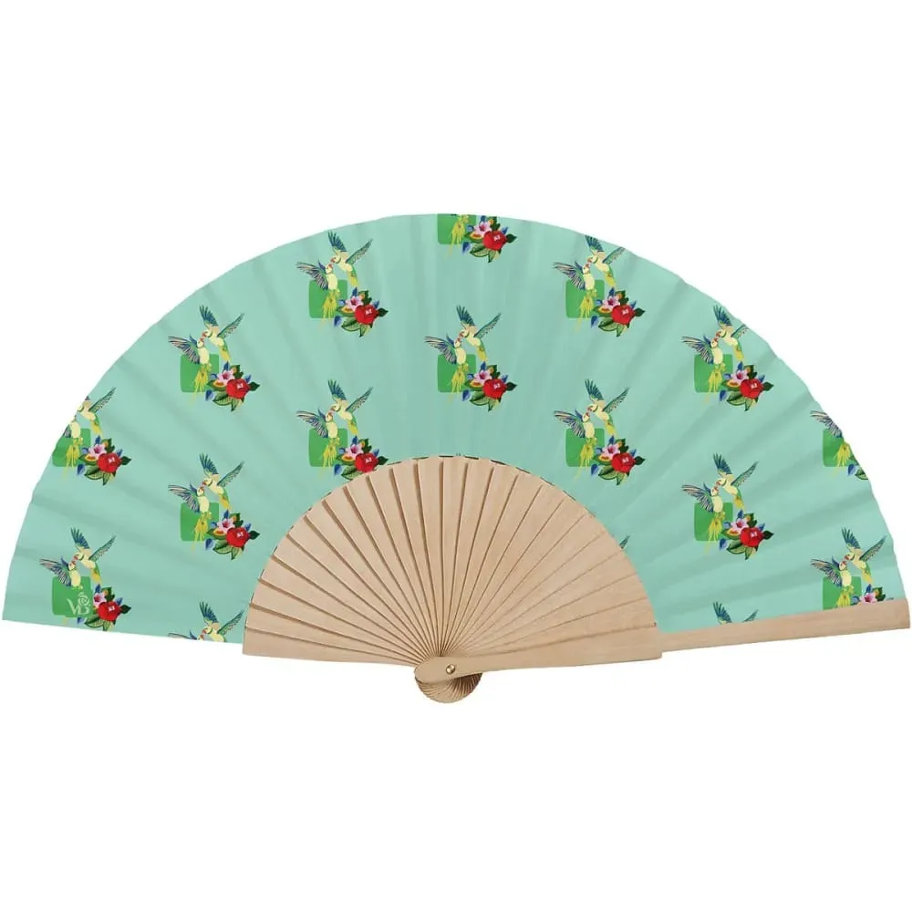 Eventail bois de bouleau motif perruches turquoise