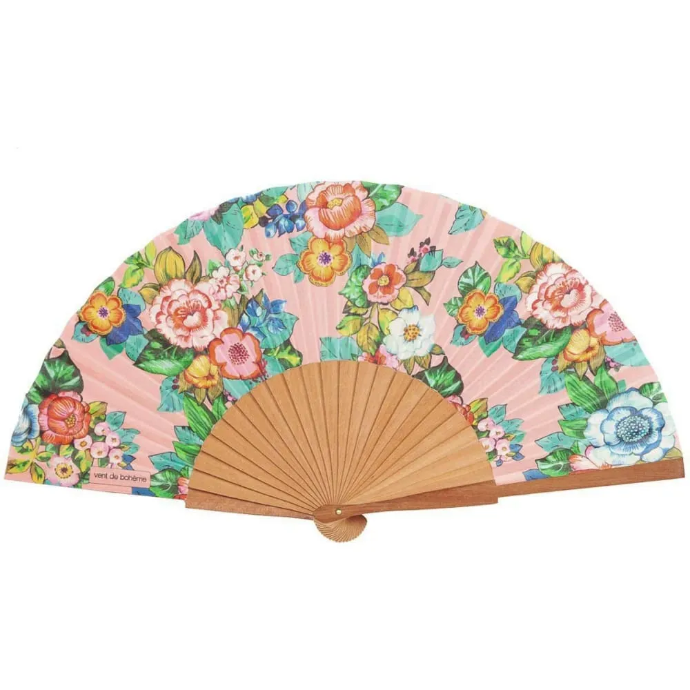 Eventail bois de merisier motif fleuri rose