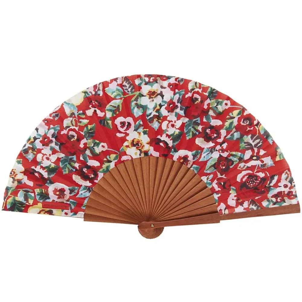 Eventail bois de merisier motif fleuri rouge