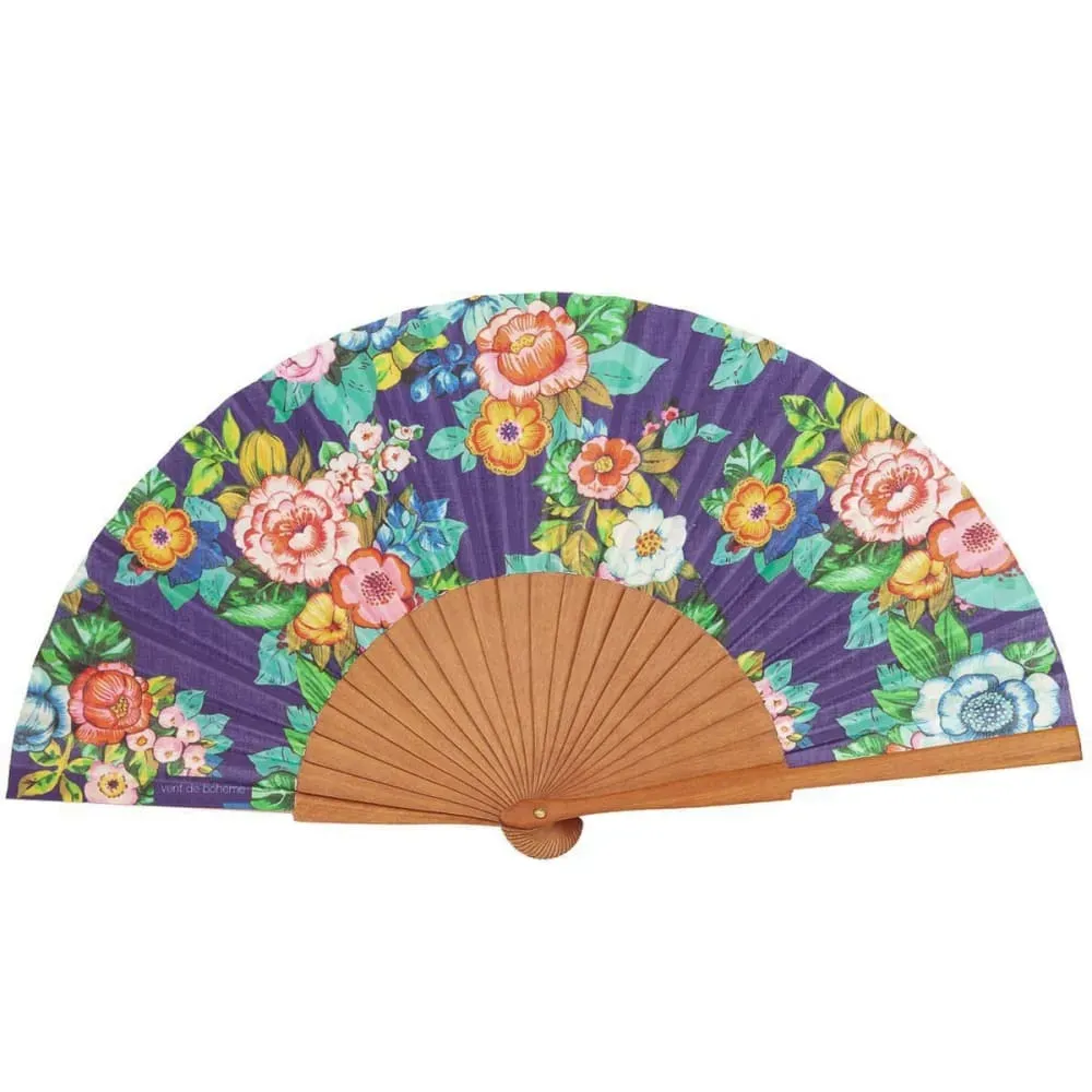 Eventail bois de merisier motif fleuri indigo