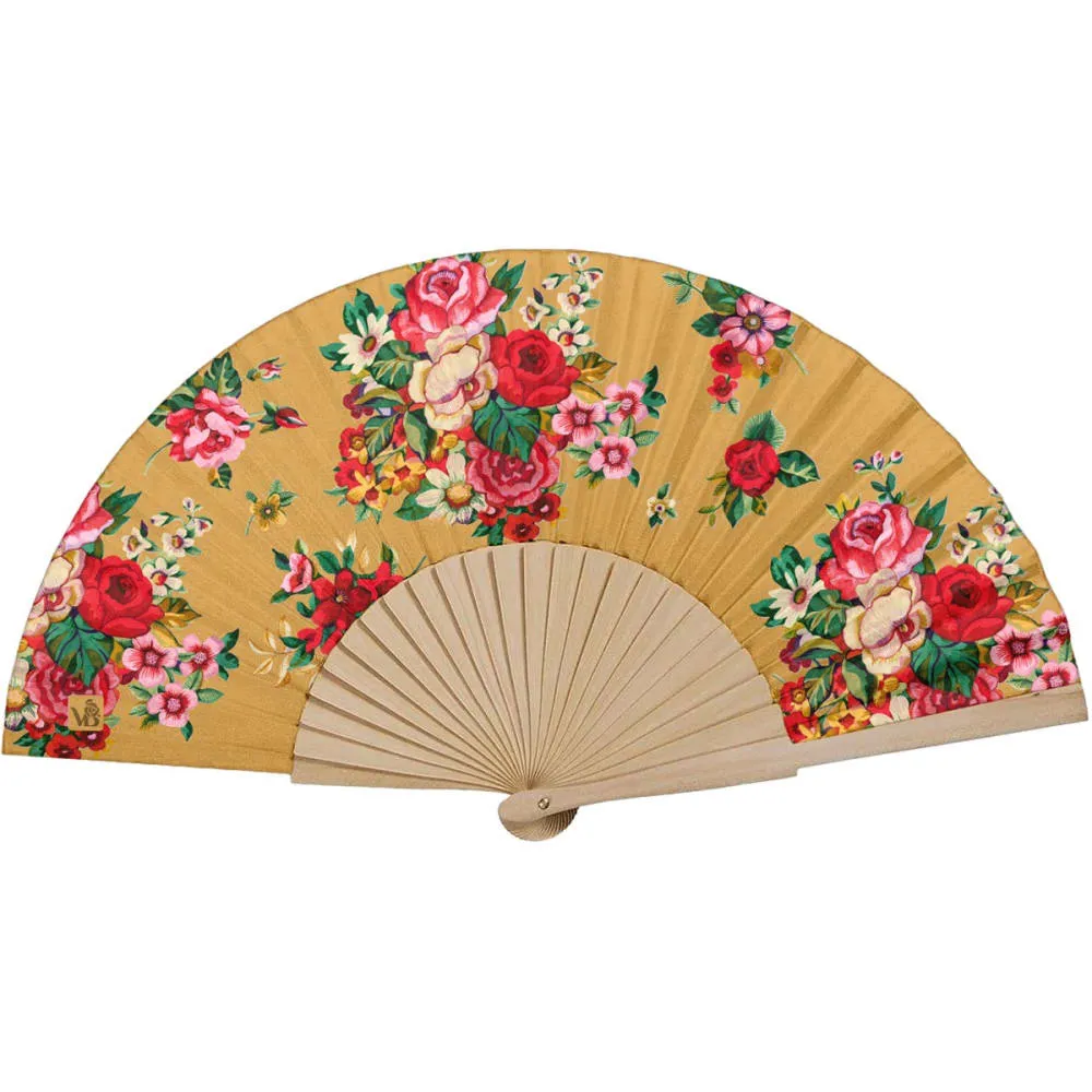 Eventail bois de bouleau motif fleuri doré