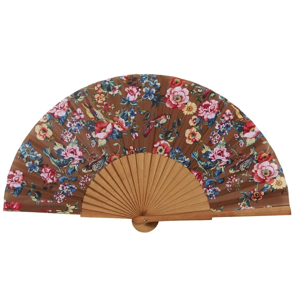 Eventail bois de merisier motif fleurs et lianes bronze