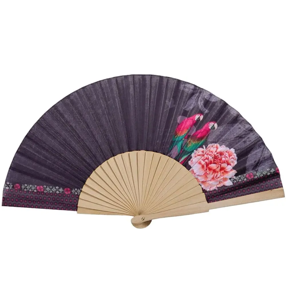 Eventail bois de bouleau motif perroquet noir