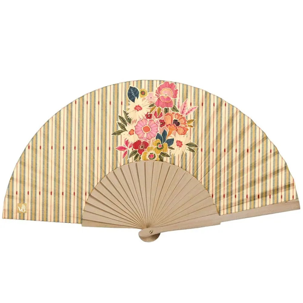 Eventail bois de bouleau motif fleuri ocre