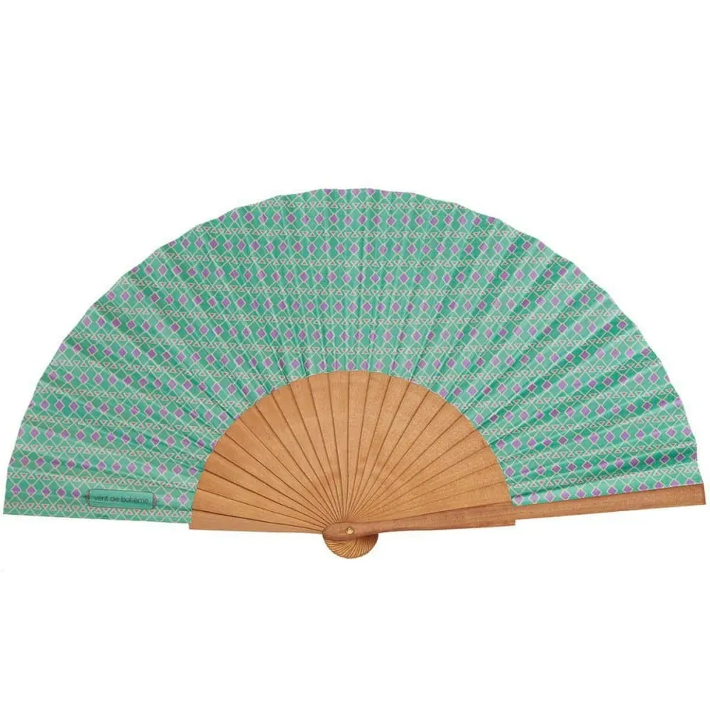 Eventail bois de merisier motif graphique vert