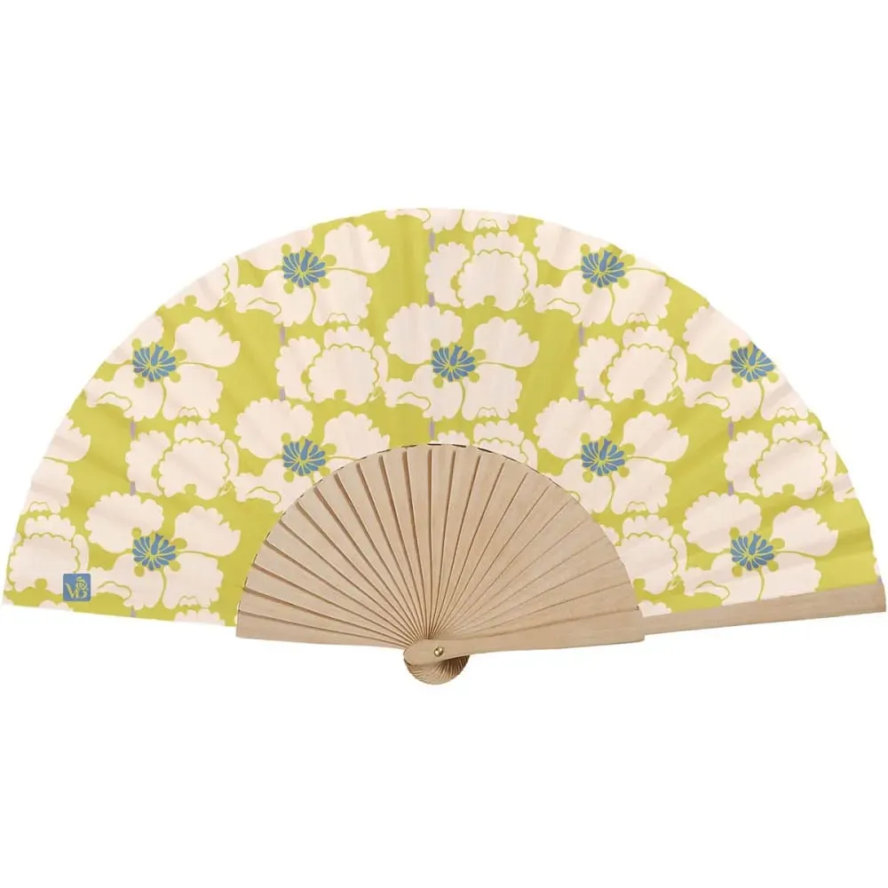 Eventail bois de bouleau motif fleurs graphiques Jaune