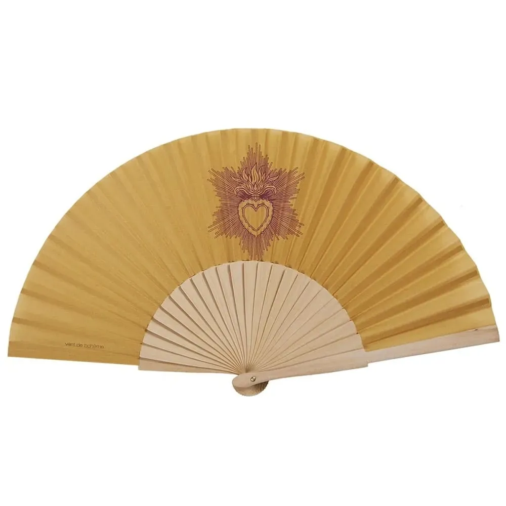 Eventail bois de bouleau motif coeur sacré jaune