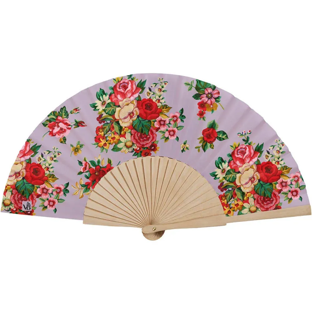 Eventail bois de bouleau motif fleuri lila