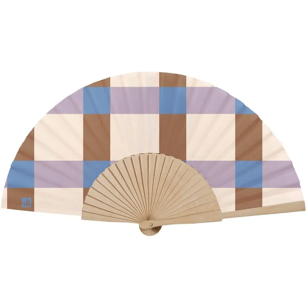 Eventail bois de bouleau motif carreaux lila