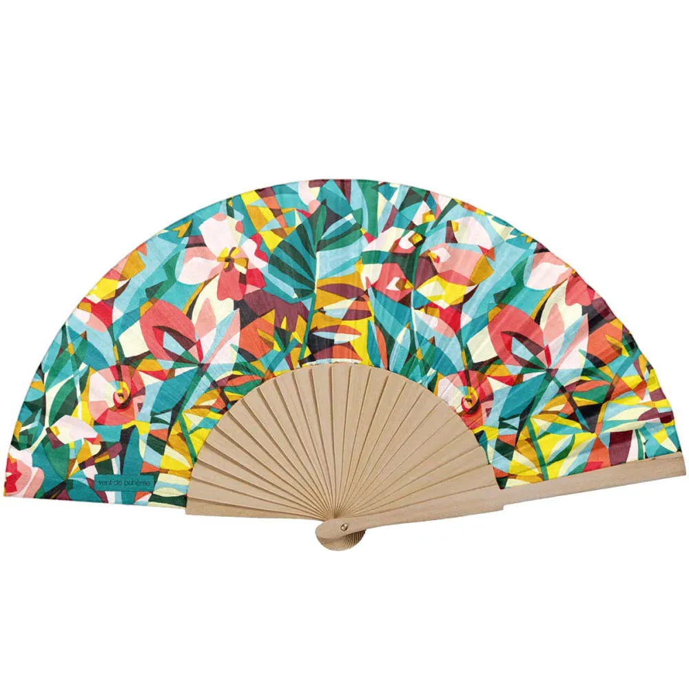 Eventail bois de bouleau motif fleurs abstraites