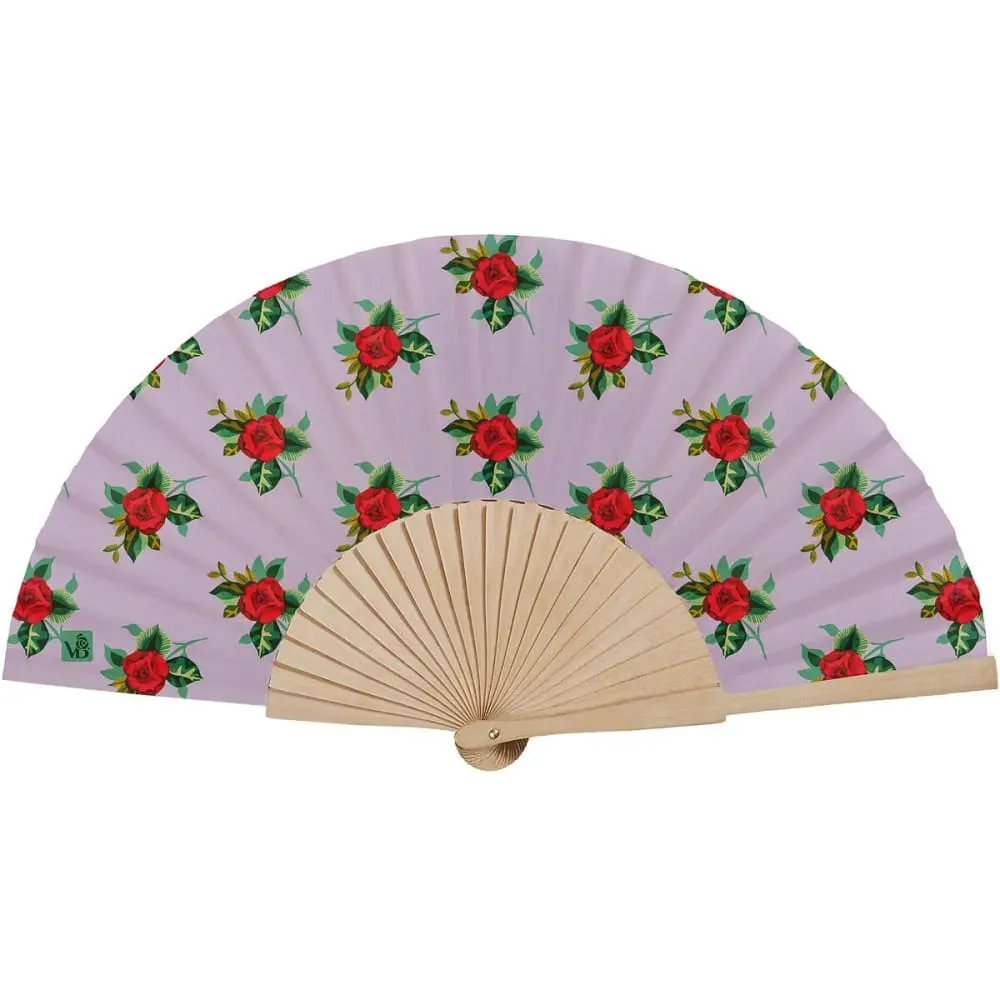 Eventail bois de bouleau motif graphique fleuri lila
