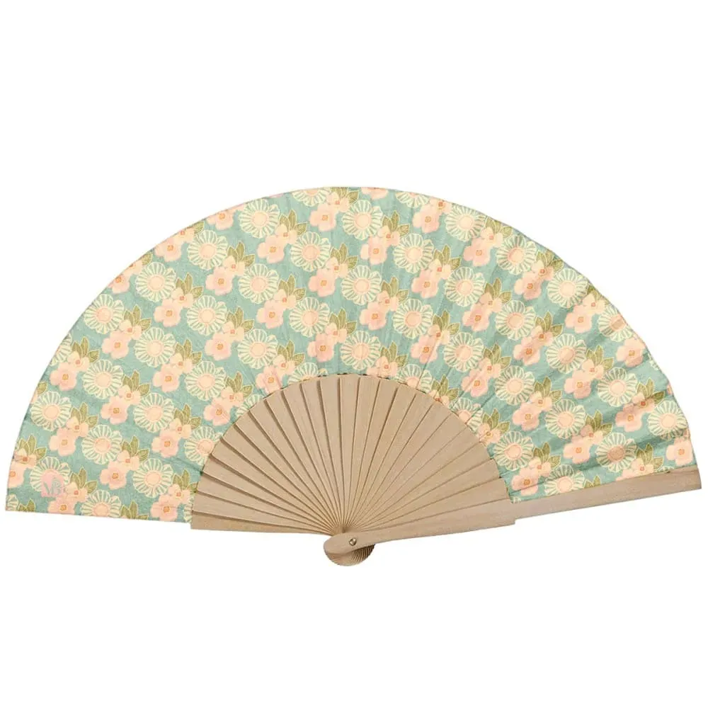 Eventail bois de bouleau fleurs graphiques celadon