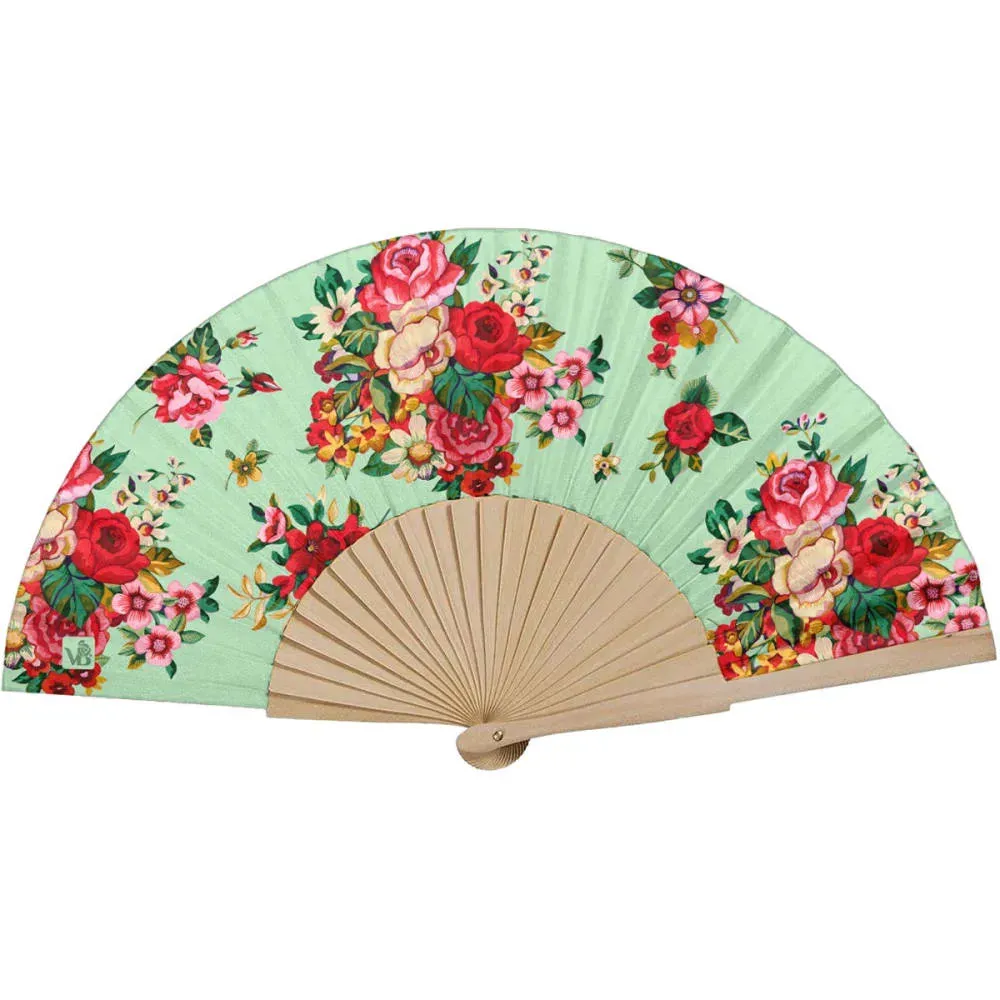 Eventail bois de bouleau motif fleuri lagon