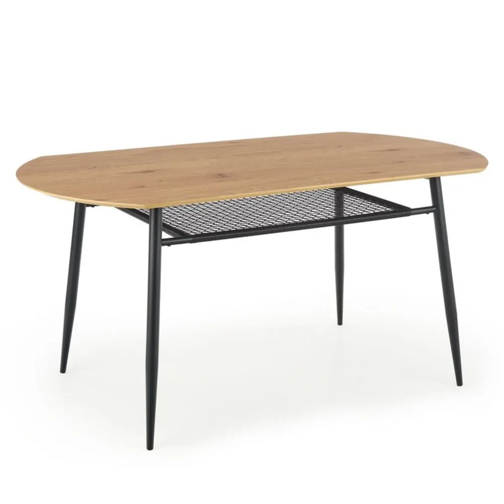 Table de salle à manger chêne doré avec étagère en rotin
