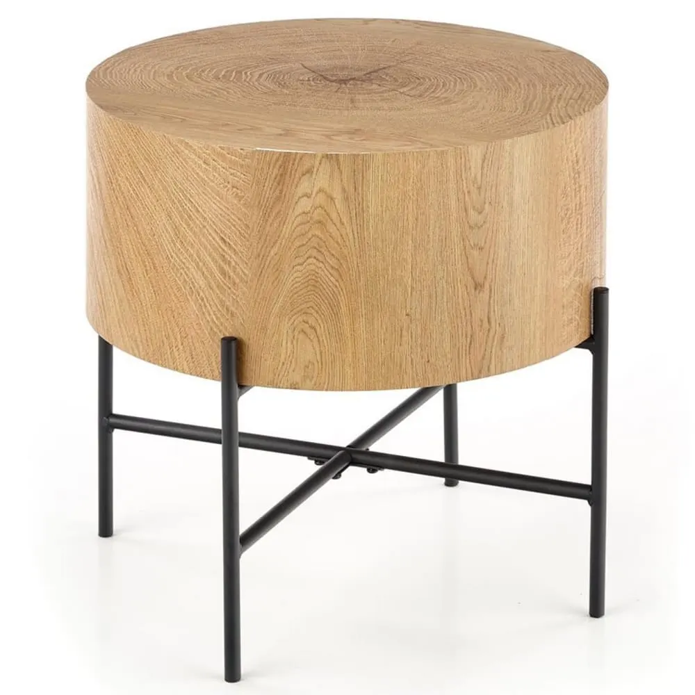 Table basse ronde  aspect chêne avec structure en acier noire 45cm