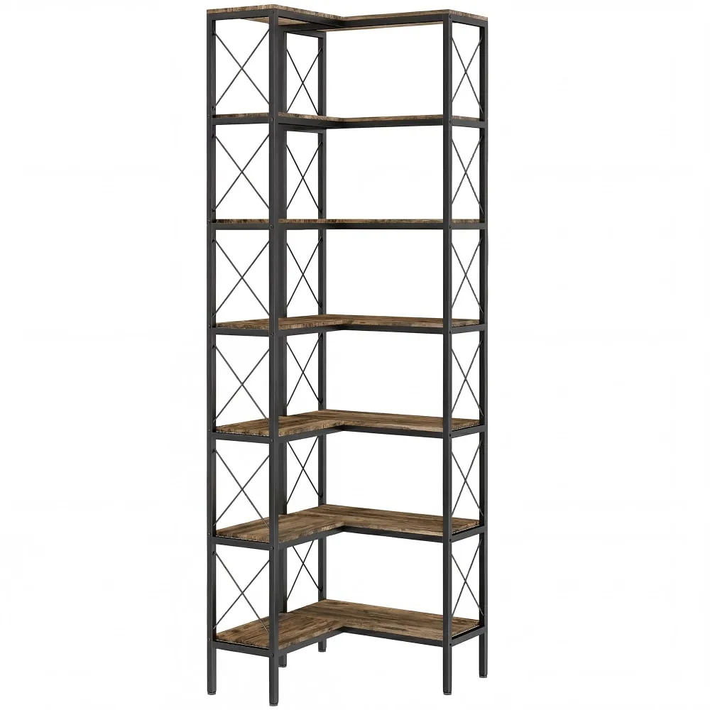 Bibliothèque d'angle 6 niveaux métal bois brun rustique