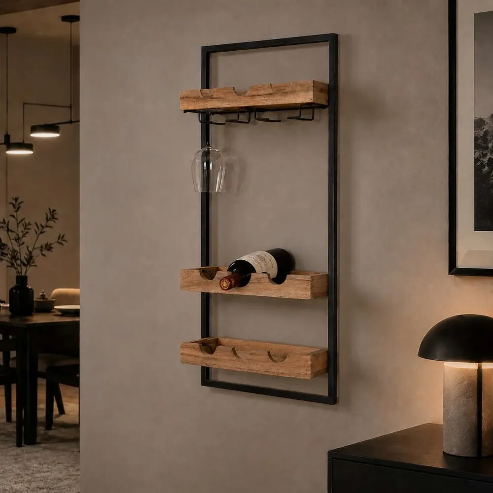 Casier à vin en acier et bois 35x25x75 cm 9 bouteilles