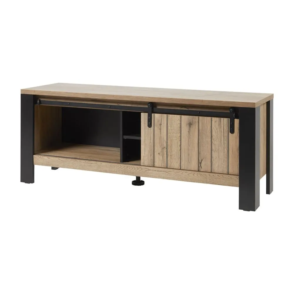 Meuble tv 1 porte coulissante 2 niches métal et aspect bois