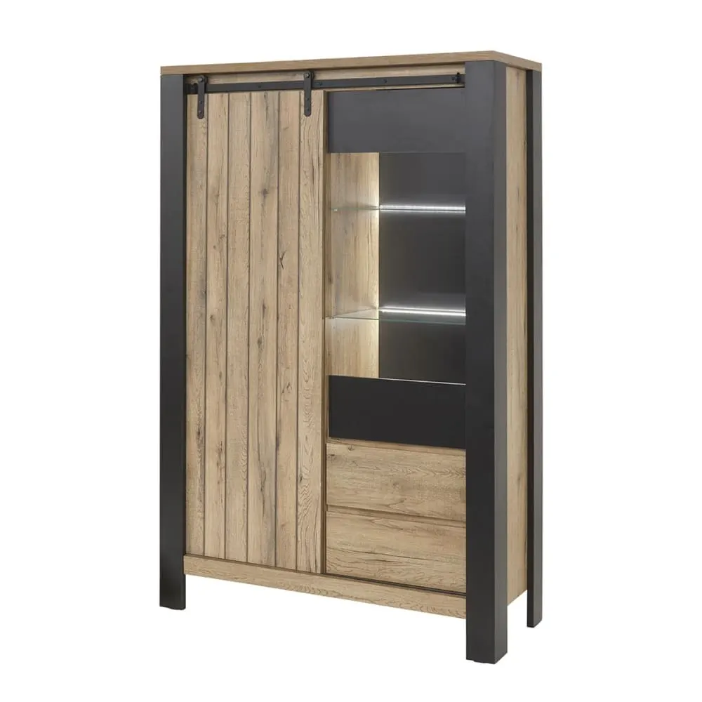 Argentier 2 portes 2 tiroirs métal et aspect bois avec leds