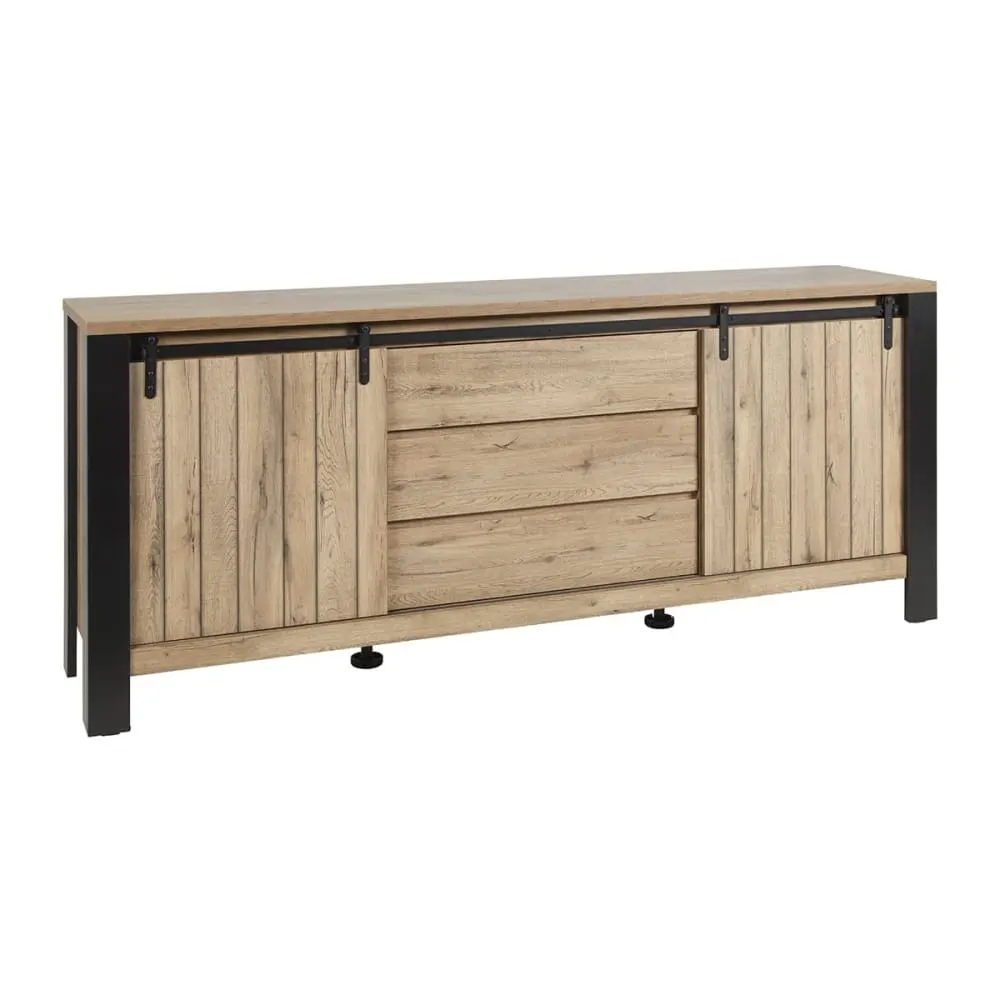 Buffet 2 portes coulissantes 3 tiroirs métal et aspect bois