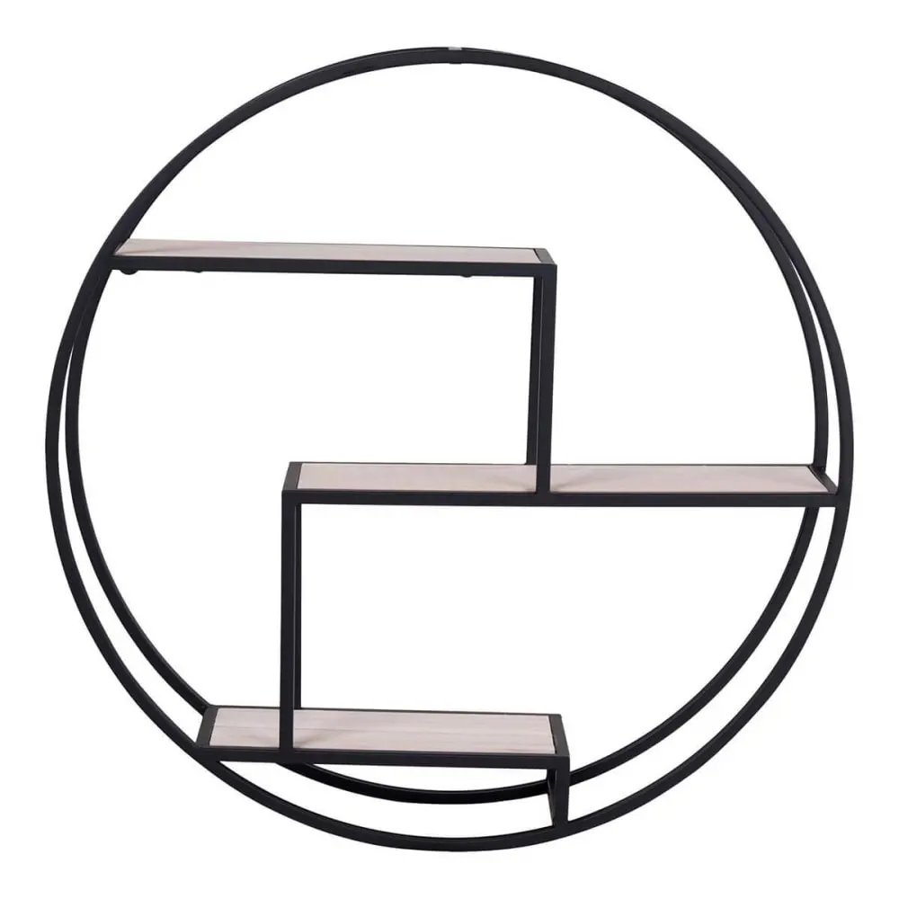 Etagère  murale circulaire 3 plateaux acier noir et bois massif