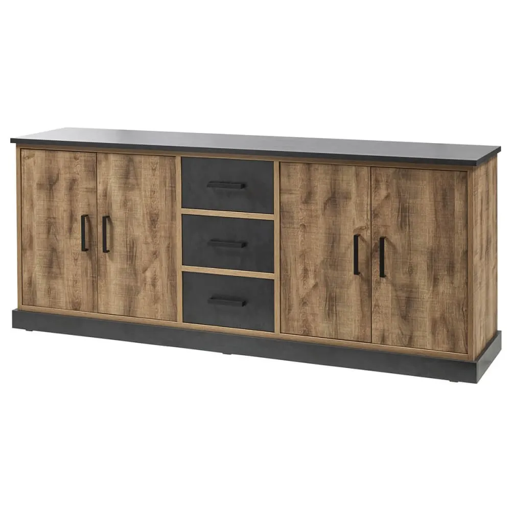 Buffet  4 portes 3 tiroirs aspect bois et métal noir