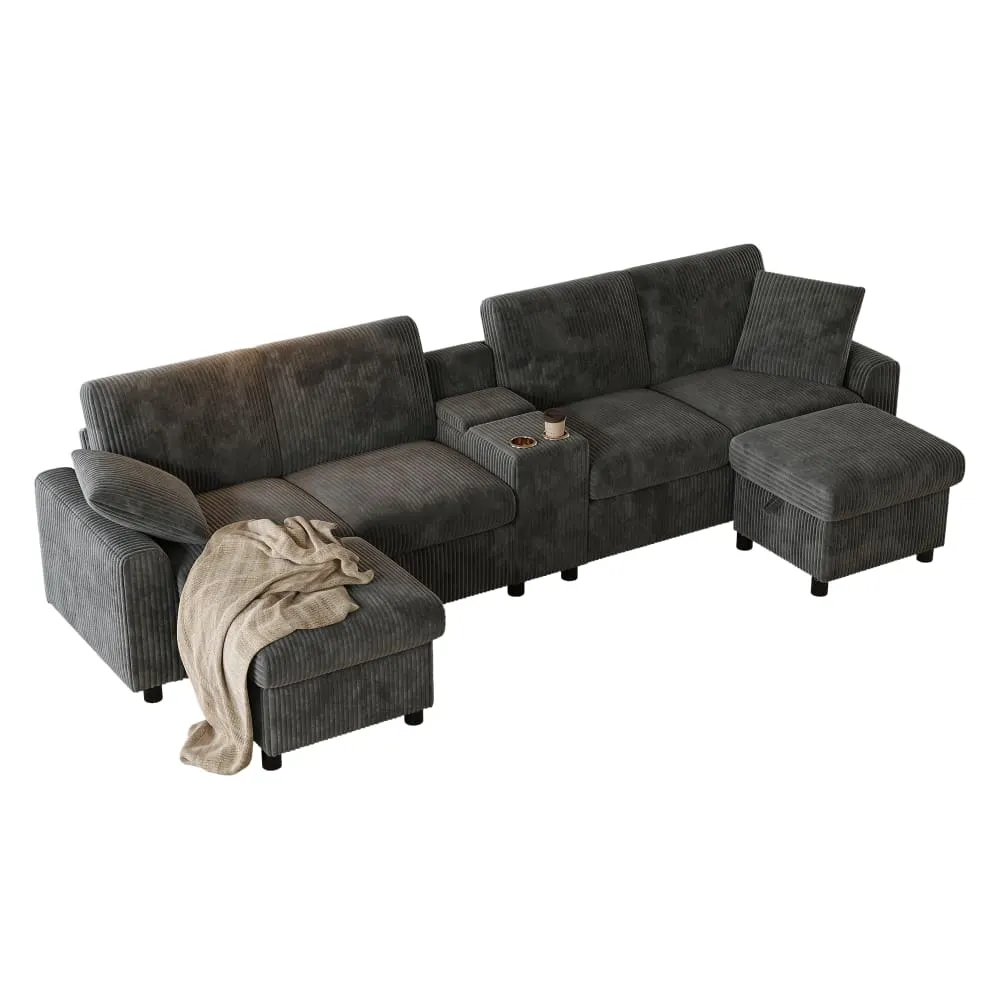 Canapé d'angle 4 places avec 2 poufs et charge usb, velours côtelé