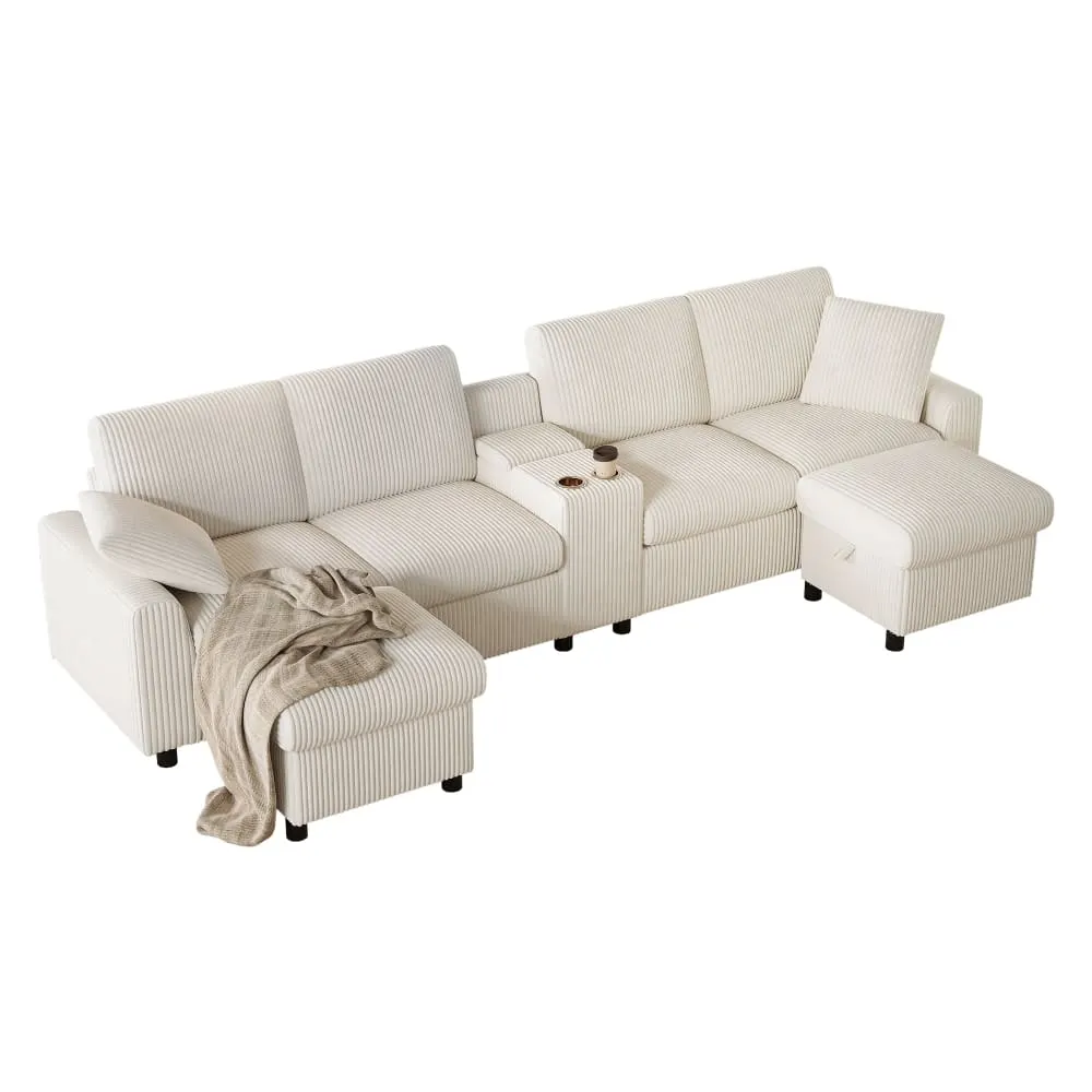 Canapé d'angle 4 places avec 2 poufs et charge usb, velours côtelé