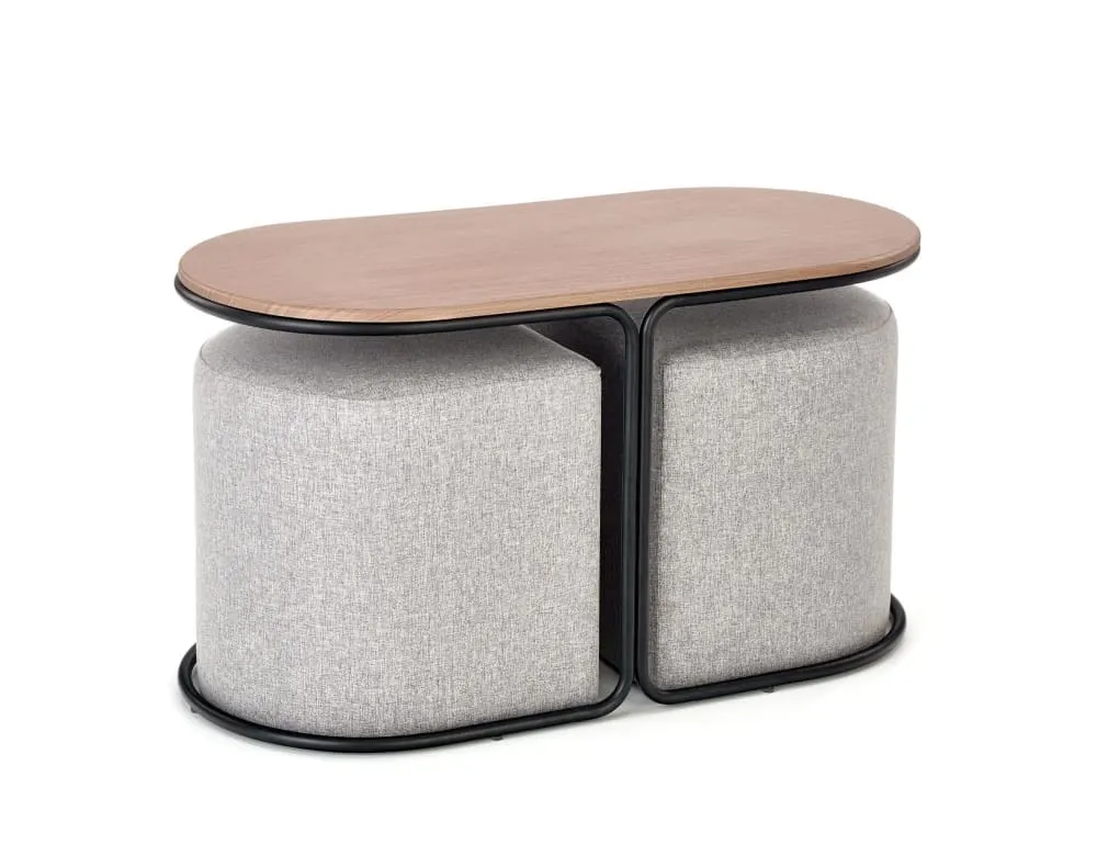 Ensemble table basse et deux poufs en tissu de polyester gris