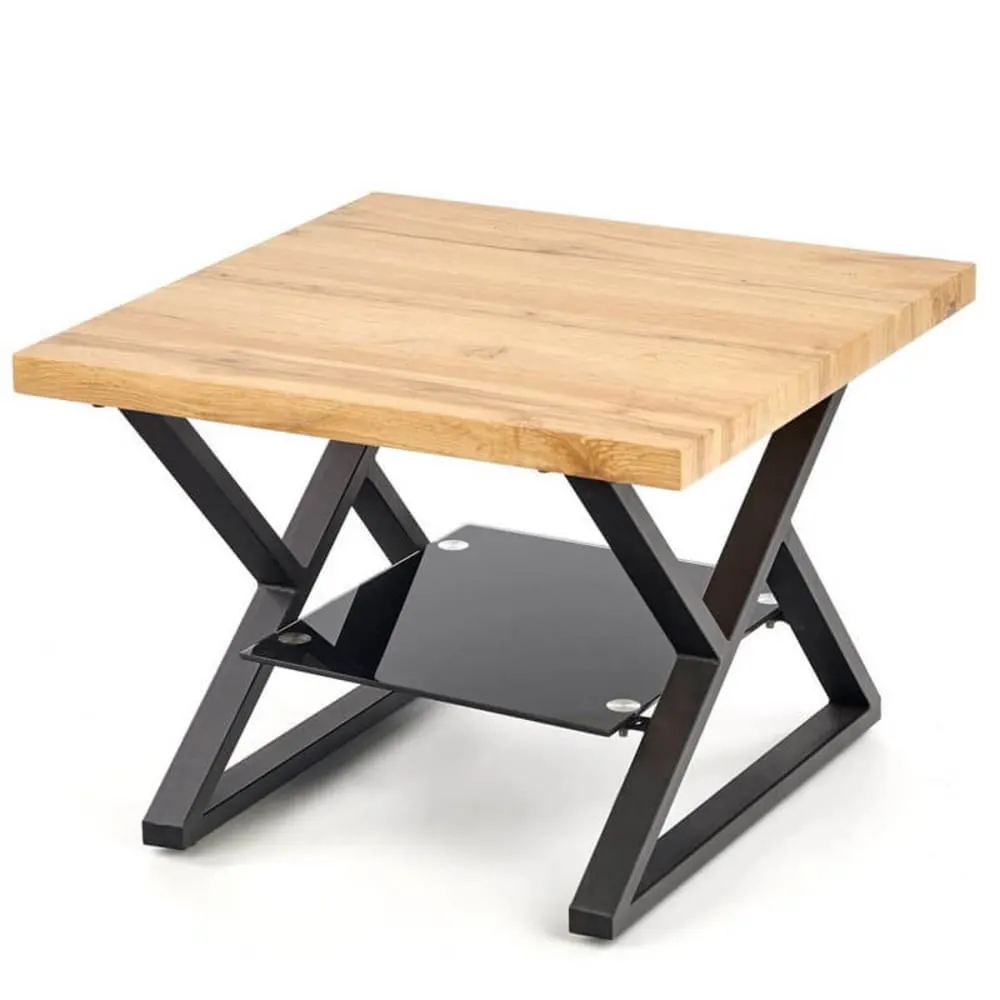 Table basse carrée avec pieds acier noir plateau aspect chêne