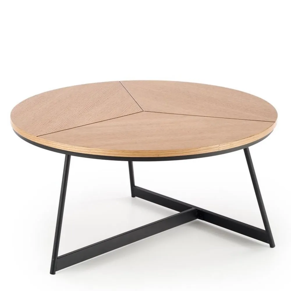 Table basse ronde avec plateau aspect chêne et piètement en acier 80cm