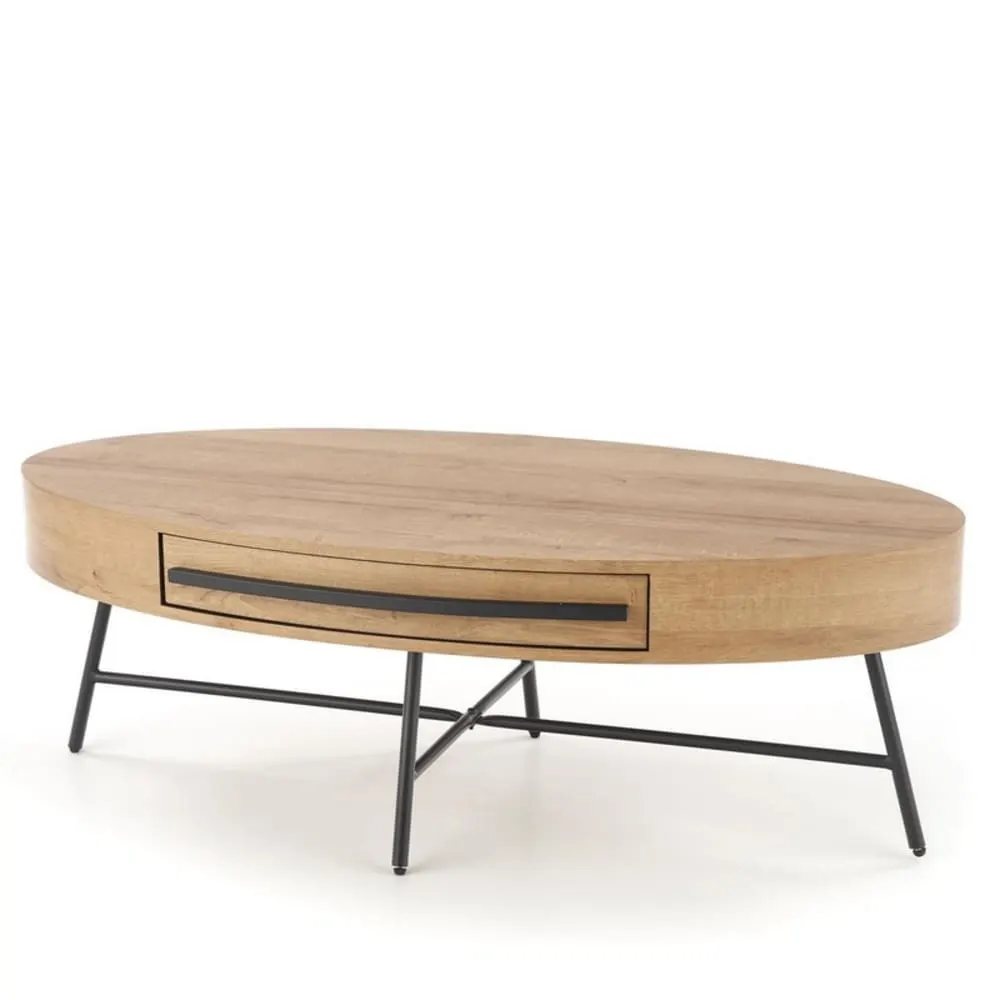 Table basse avec tiroir aspect chêne doré avec pied en acier 120x60