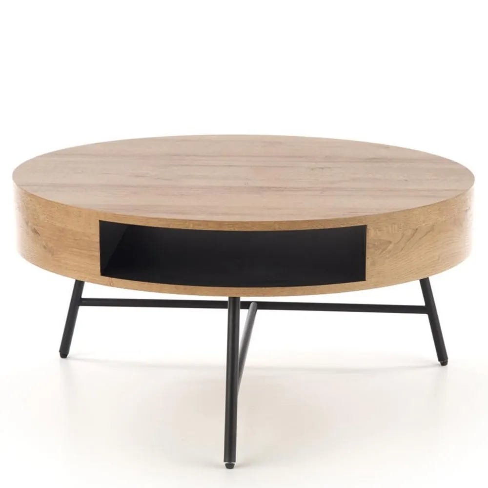 Table basse ronde aspect chêne doré avec structure en acier noir 80cm