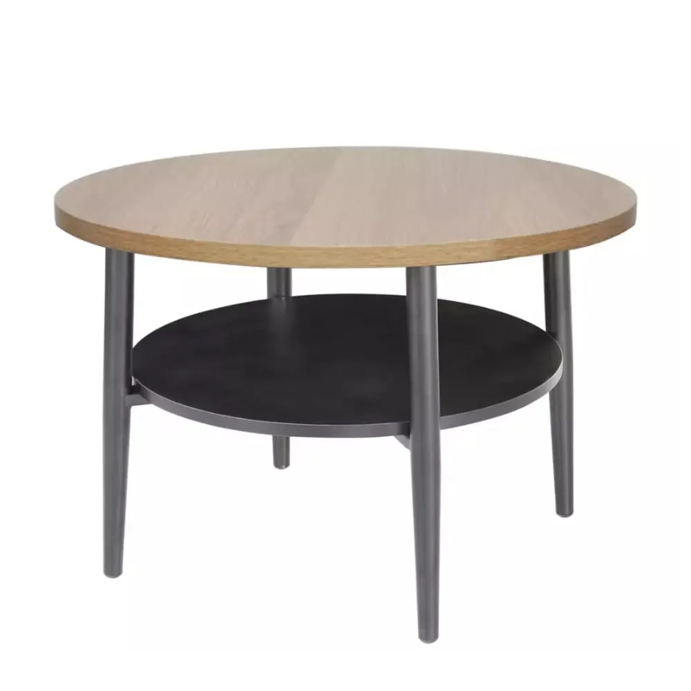 Table basse ronde chêne et noir avec double plateau et pieds fins