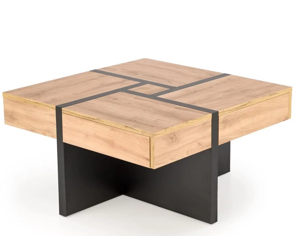 Table basse design aspect chêne noir mat avec 4 tiroirs