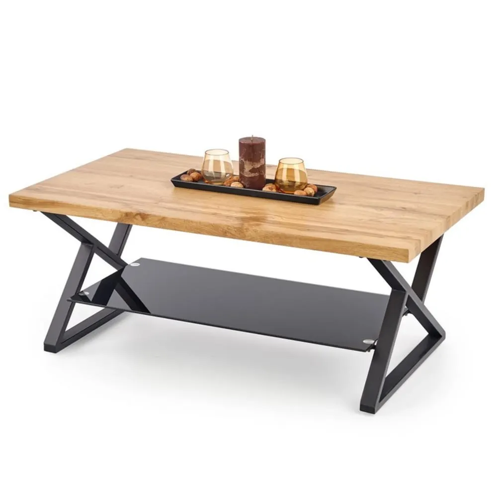 Table basse aspect chêne naturel verre et acier noir 110x45cm