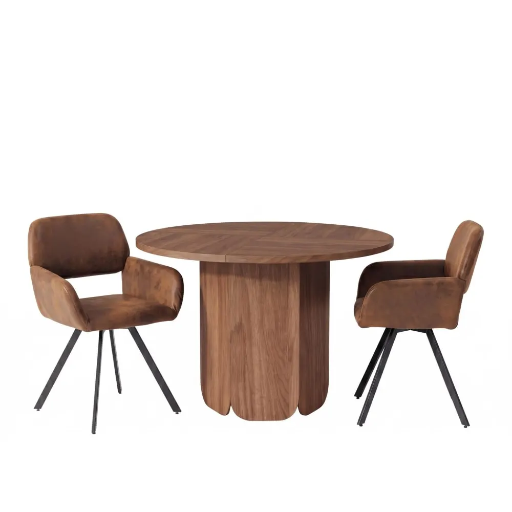Ensemble table ronde 120 cm et 2 chaises marron effet cuir