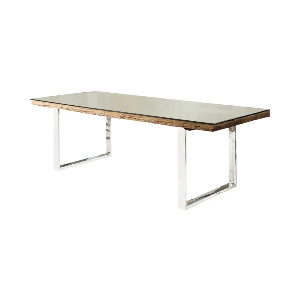 Table à manger rectangulaire en verre trempé marron et argenté 203 cm