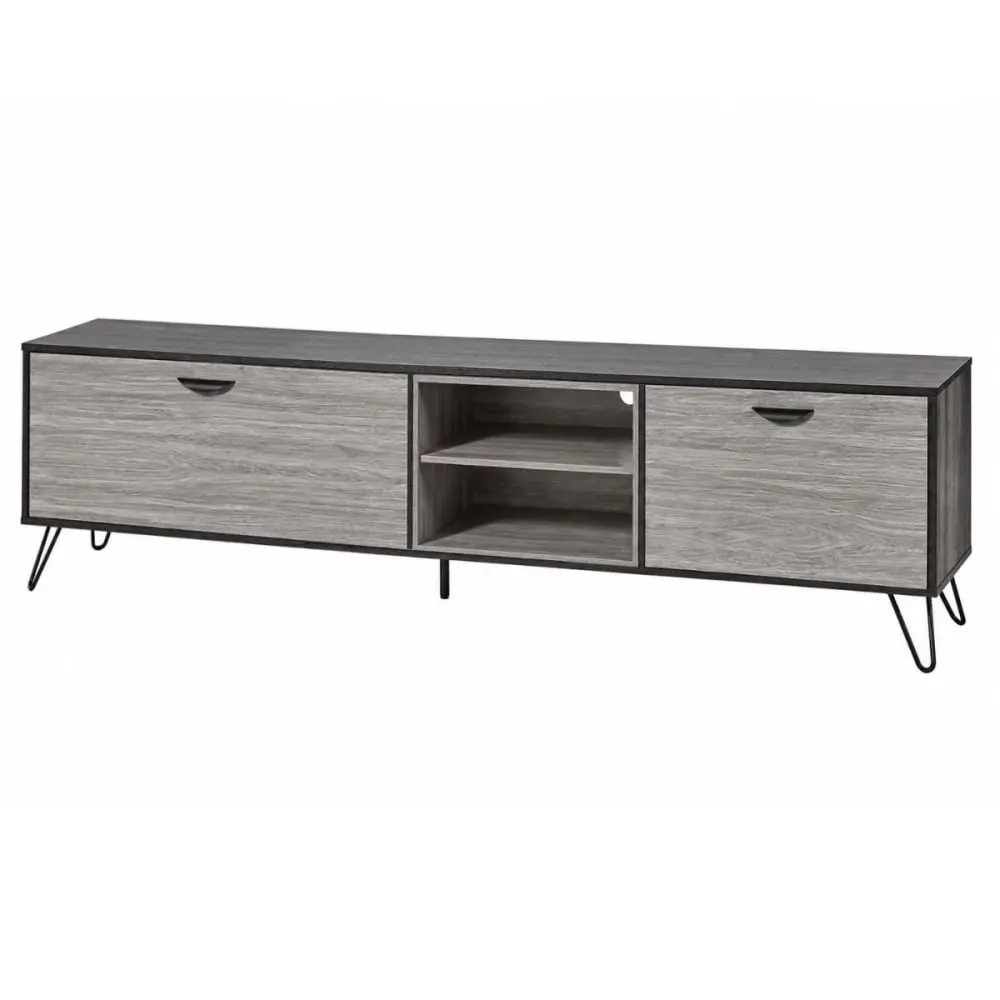 Meuble tv 2 portes 2 niches 180cm aspect bois grisé et noir