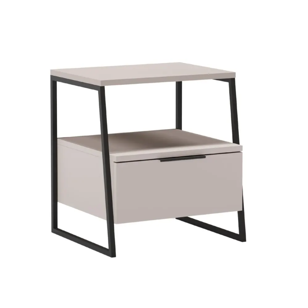 Chevet 2 niveaux avec 1 tiroir mélaminé beige et métal laqué noir